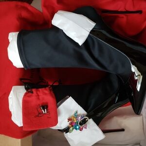 Christian Louboutin Black Patent Leather Boots with Colorful Gem Embellishment